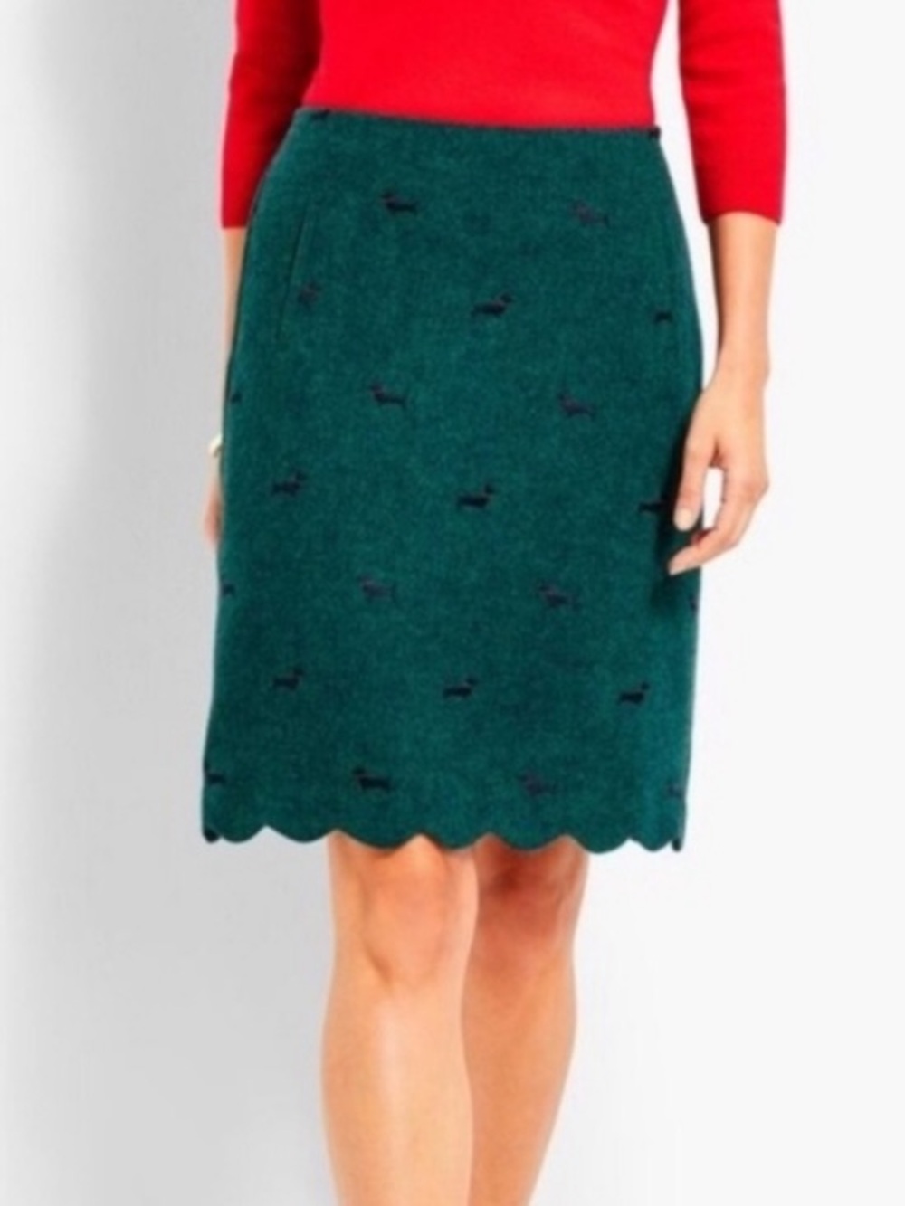 Talbots Dachshund Wool Blend embroidered Herringbone Skirt w/ Scallop Hem